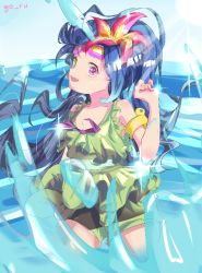Rule 34 | 1girl, absurdly long hair, alternate costume, alternate eye color, alternate hair color, bare shoulders, barefoot, bikini, bow, bubble, flower, frilled bikini, frilled skirt, frills, goggles, hair flower, hair ornament, league of legends, long hair, multicolored eyes, pool party zoe, skirt, solo, swimsuit, very long hair, zoe (league of legends)