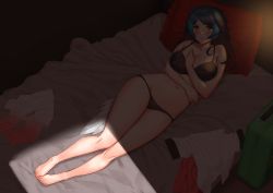 Rule 34 | 1girl, alternate breast size, aqua hair, arm rest, barefoot, bird girl, bird tail, bird wings, black bra, black hair, black panties, blue hair, blush, bra, breasts, cleavage, closed mouth, collarbone, commission, embarrassed, full body, furrowed brow, hand on own chest, hand up, head wings, highres, hihiyama yokikana, indoors, kemono friends, large breasts, unworn legwear, long hair, looking at viewer, lying, multicolored hair, navel, on back, orange eyes, panties, pantyhose, passenger pigeon (kemono friends), red hair, shade, shirt, unworn shirt, skirt, unworn skirt, solo, stomach, tail, toes, underwear, underwear only, wavy mouth, wings