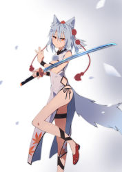 Rule 34 | 1girl, absurdres, animal ears, bare shoulders, china dress, chinese clothes, cleavage cutout, closed mouth, clothing cutout, dress, highres, holding, holding sword, holding weapon, inubashiri momiji, kakaricho dairi, katana, leaf, looking at viewer, maple leaf, orange eyes, pom pom (clothes), short hair, simple background, sleeveless, sleeveless dress, solo, sword, tail, thighs, touhou, weapon, white background, white hair, wolf ears, wolf girl, wolf tail