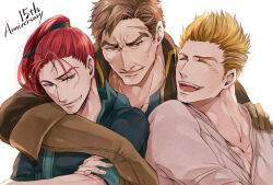 3boys affectionate anniversary arm_around_shoulder blonde_hair blue_eyes brown_eyes closed_eyes commentary fire_emblem fire_emblem:_path_of_radiance gatrie_(fire_emblem) gloves greil long_hair male_focus mature_male multiple_boys nintendo open_mouth pectoral_cleavage pectorals ponytail red_hair scar scar_on_face scar_on_forehead shinon_(fire_emblem) short_hair smile thick_eyebrows ttnaicbsr white_background