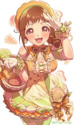 Rule 34 | 1girl, artist name, bare shoulders, basket, black ribbon, bow, bread, breasts, brown hair, chagi chage, cleavage, detached collar, dot nose, dress, drill hair, earrings, fang, food, frilled dress, frills, green scrunchie, highres, holding, holding basket, idolmaster, idolmaster cinderella girls, idolmaster cinderella girls starlight stage, jewelry, long hair, medium breasts, multicolored clothes, multicolored dress, ohara michiru, open mouth, orange headwear, pink eyes, ribbon, salute, sash, scrunchie, smile, solo, thigh strap, white background, wrist scrunchie, x