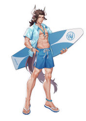 Rule 34 | 1boy, absurdres, animal ears, anklet, arknights, blue male swimwear, blue shirt, blue swim trunks, brown hair, cow ears, cow horns, drawstring, flip-flops, full body, hawaiian shirt, highres, holding, holding surfboard, horns, jewelry, lifeguard, long hair, male focus, male swimwear, matterhorn (arknights), midriff, mosi l, muscular, navel, open clothes, open shirt, sandals, scar, shirt, simple background, standing, surfboard, swim trunks, swimsuit, tail, watch, whistle, white background, white footwear, wristwatch
