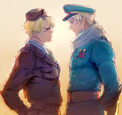 Rule 34 | 2boys, america (hetalia), arms behind back, axis powers hetalia, bad id, bad pixiv id, blonde hair, blue eyes, bomber jacket, buttons, dashi (minzoku gb), double-breasted, eye contact, gradient background, hat, jacket, looking at another, male focus, military, military uniform, multiple boys, peaked cap, purple eyes, russia, russia (hetalia), scarf, sunset, uniform, upper body