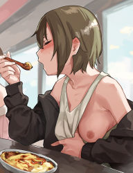 Rule 34 | 1girl, blush, breasts, brown hair, closed eyes, ear blush, eating, flashing, highres, idolmaster, idolmaster cinderella girls, indoors, jacket, medium breasts, muchi maro, nipples, no bra, nose blush, off shoulder, one breast out, open clothes, open mouth, oppai challenge, shirt aside, short hair, small breasts, spoon, sweatdrop, table, tada riina, tank top, tank top aside, tank top tug, window