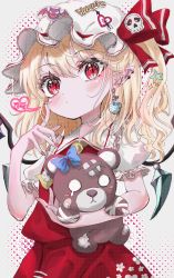 Rule 34 | 1girl, absurdres, apple, ascot, bandages, bandaid, blonde hair, blue bow, blush, bow, choker, commentary request, crystal, ear piercing, earrings, flandre scarlet, floral print, food, frilled shirt collar, frills, fruit, hand on own cheek, hand on own face, hat, hat ribbon, heart, highres, holding, holding stuffed toy, jewelry, kayon (touzoku), long hair, looking at viewer, mob cap, nail polish, one side up, piercing, pointy ears, puffy short sleeves, puffy sleeves, red eyes, red nails, red ribbon, red skirt, red vest, ribbon, shirt, short sleeves, skirt, skull, solo, star (symbol), sticker, stuffed animal, stuffed toy, tearing up, teddy bear, touhou, upper body, vampire, vest, white hat, white shirt, wings, yellow ascot