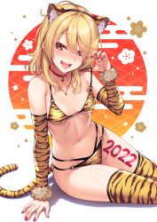 Rule 34 | 1girl, 2022, animal ear fluff, animal ears, animal print, bikini, blonde hair, blush, breasts, choker, cleavage, collarbone, commentary request, detached sleeves, fake animal ears, fur trim, gloves, gyaru, hair over one eye, highres, jewelry, kouzuki tsubasa (musou kaidou), looking at viewer, medium breasts, nail polish, navel, necklace, new year, open mouth, original, red choker, red eyes, red nails, short hair, sitting, skindentation, smile, solo, swimsuit, tail, thighhighs, tiger ears, tiger print, tiger stripes, tiger tail