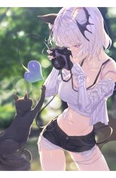 Rule 34 | 1girl, absurdres, animal ear fluff, animal ears, black cat, black shorts, blurry, blurry background, blush, breasts, camera, cat, commentary request, crop top, demon tail, hands up, head wings, highres, holding, holding camera, hxxg, jacket, large breasts, letterboxed, long sleeves, midriff, navel, open clothes, open jacket, original, purple eyes, shirt, short hair, short shorts, shorts, solo, tail, tail raised, taking picture, white hair, white jacket, white shirt, wings