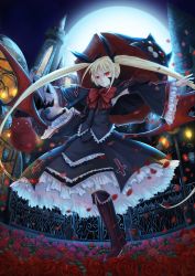 Rule 34 | 1girl, arc system works, armpits, blazblue, blonde hair, boots, bow, bowtie, castle, colored eyelashes, cross, detached sleeves, flower, frills, gii, gothic lolita, hair bow, highres, knee boots, ks (xephyrks), large bow, lolita fashion, long hair, moon, nago, outstretched arm, petals, rachel alucard, red eyes, rose, skirt, skirt set, solo, twintails, umbrella, vampire, very long hair, wings