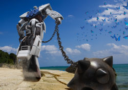 Rule 34 | ball and chain (weapon), beach, bug, butterfly, flail, gundam, insect, mecha, no humans, outdoors, robographer, robot, sand, sky, solo, spiked ball and chain, turn a gundam, turn a gundam (mobile suit), weapon