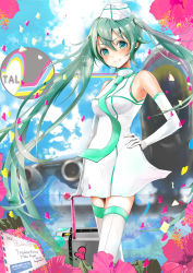 Rule 34 | 10s, 1girl, 2012, aqua eyes, bare shoulders, blush, elbow gloves, gloves, hand on own hip, hatsune miku, heart, hip focus, holding, keepout, long hair, necktie, petals, postcard, smile, solo, soramu, suitcase, translation request, twintails, very long hair, vocaloid, white gloves