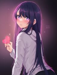 Rule 34 | 1girl, absurdres, artist name, blush, commentary, crying, crying with eyes open, frown, heart card, highres, holding, hood, hood down, hoodie, hoshino ai (oshi no ko), lanhai, long hair, long sleeves, looking at viewer, looking back, oshi no ko, pants, purple eyes, purple hair, solo, star-shaped pupils, star (symbol), streaming tears, symbol-shaped pupils, tears