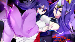 Rule 34 | 2girls, arc system works, artist request, bare shoulders, blazblue, blazblue: bloodedge experience, blazblue: central fiction, breasts, detached sleeves, hades izanami, hair ornament, headgear, japanese clothes, kimono, long hair, looking at viewer, mikado (blazblue), multiple girls, ponytail, purple eyes, purple hair, saya terumi, skirt, smile, thighhighs, very long hair