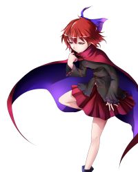 Rule 34 | 1girl, absurdres, black shirt, blue bow, bow, breasts, cape, hair bow, high collar, highres, leg up, long sleeves, red eyes, red hair, red skirt, sekibanki, shirt, short hair, simple background, skirt, small breasts, solo, tatetsuki, touhou, white background