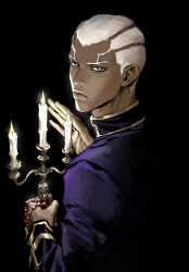 Rule 34 | + +, 1boy, absurdres, black background, black eyes, candelabra, candle, candlestand, dark-skinned male, dark skin, darkness, enrico pucci, highres, jojo no kimyou na bouken, looking back, male focus, priest, rosary, solo, stone ocean, upper body, user dapv2434, white hair