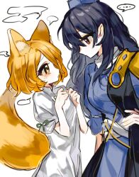Rule 34 | ..., 2girls, ?, age difference, animal ear fluff, animal ears, armor, blonde hair, blue dress, blue hair, breasts, dark blue hair, dress, expressionless, eye contact, flat chest, fox ears, fox tail, hair between eyes, hand on own hip, hands up, hat, height difference, highres, iizunamaru megumu, kudamaki tsukasa, large breasts, looking at another, multiple girls, onee-loli, pauldrons, profile, red eyes, short hair, short sleeves, shoulder armor, simple background, single pauldron, sleeves past elbows, spoken ellipsis, springarashi02, tail, tokin hat, touhou, waistcoat, white background, white romper, yellow eyes, yuri
