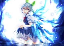 Rule 34 | 1girl, blue eyes, blue hair, bow, cirno, dress, hair bow, ice, ice wings, matching hair/eyes, nabezuru, open mouth, ribbon, short hair, skirt hold, solo, touhou, water, wings