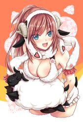 Rule 34 | 1girl, :d, @hina, animal costume, blush, breasts, brown hair, cleavage, cropped legs, fake horns, fang, hairband, highres, horns, large breasts, leaning forward, long hair, looking at viewer, medium breasts, multicolored background, nengajou, new year, open mouth, original, ponytail, scarf, sheep, sheep costume, sheep horns, smile, solo, v-shaped eyebrows