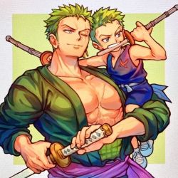 Rule 34 | 2boys, abs, age comparison, aokamei, bara, child, green kimono, holding, holding sword, holding weapon, japanese clothes, kimono, long sideburns, male focus, mouth hold, multiple boys, nipple slip, nipples, one piece, pectoral cleavage, pectorals, roronoa zoro, scar, scar on chest, sheath, short hair, sideburns, smile, sword, time paradox, unsheathing, upper body, weapon, aged down