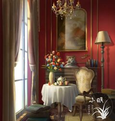 Rule 34 | artist logo, book, book stack, chair, chandelier, curtains, flower, indoors, lamp, no humans, original, painting (object), scenery, table, tablecloth, vase, window, xingzhi lv