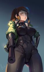 Rule 34 | 1girl, black bodysuit, black gloves, bodysuit, breasts, brown hair, buckle, buttons, commission, covered navel, cowboy shot, from below, gloves, green jacket, gun, high ponytail, highres, holding, holding gun, holding weapon, jacket, large breasts, looking at viewer, looking down, medium breasts, medium hair, open clothes, open jacket, orange eyes, original, pointy breasts, raised eyebrow, sidelocks, signature, sleeves past elbows, suppressor, swept bangs, uneven eyes, watermark, weapon, x-kulon