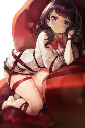 Rule 34 | 10s, 1girl, barefoot, black hair, black skirt, blue eyes, blush, bow, breasts, closed mouth, couch, feet, goomrrat, gridman universe, hand in own hair, head rest, highres, hip focus, kneeling, legs, long hair, long sleeves, looking at viewer, medium breasts, miniskirt, pleated skirt, red neckwear, red ribbon, ribbon, school uniform, scrunchie, simple background, skirt, solo, ssss.gridman, sweater, swept bangs, takarada rikka, thighs, white background, white sweater, wrist scrunchie