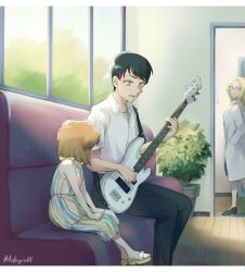Rule 34 | 1boy, 2girls, aged down, astrayin, bare arms, bare shoulders, bass guitar, black hair, brown hair, character request, couch, dress, guitar, haibara ai, highres, holding, holding instrument, indoors, instrument, lab coat, meitantei conan, multiple girls, music, playing instrument, shirt, shoes, short hair, sitting, striped clothes, striped dress, white shirt, window