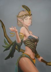 Rule 34 | 1girl, arm ribbon, bare shoulders, blue eyes, bow (weapon), braid, breasts, brown hair, circlet, cleavage, detached sleeves, elf, ernesto irawan, grey background, hair over shoulder, highres, lips, midriff, nose, original, outstretched hand, pointy ears, ribbon, sarong, single braid, solo, underbust, weapon