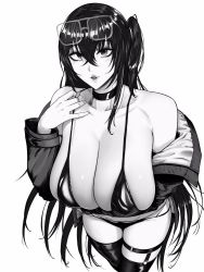 Rule 34 | 1girl, arm under breasts, azur lane, bikini, breasts, choker, clothes pull, collarbone, eyelashes, eyeliner, eyewear on head, hair between eyes, highres, hihizaru badass, huge breasts, jacket, jacket pull, lips, long hair, long sleeves, looking at viewer, makeup, mascara, micro bikini, official alternate costume, outline, perspective, sagging breasts, shiny clothes, shiny legwear, side ponytail, simple background, skindentation, smile, solo, stomach, strap pull, swimsuit, taihou (azur lane), taihou (enraptured companion) (azur lane), talking, thick thighs, thighhighs, thighs, very long hair, white background