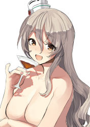 Rule 34 | 1girl, akagi kurage, alcohol, blush, breasts, brown eyes, completely nude, cup, drinking glass, grey hair, hair between eyes, hat, highres, holding, holding cup, kantai collection, large breasts, long hair, no nipples, nude, open mouth, pinky out, pola (kancolle), simple background, solo, upper body, white background, wine glass