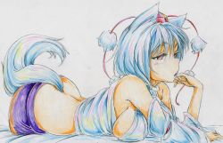 Rule 34 | 1girl, animal ears, ass, bad id, bad pixiv id, breasts, colored pencil (medium), detached sleeves, female focus, hand to own mouth, hat, hat ribbon, highres, inubashiri momiji, kitazinger, large breasts, lying, midriff, on stomach, open mouth, red eyes, ribbon, shirt, short hair, sideboob, silver hair, skirt, solo, tail, tokin hat, touhou, traditional media, wolf ears, wolf tail