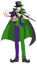 Rule 34 | 1boy, ace attorney, artist name, belt, black cape, black eyes, black footwear, black gloves, black hair, buttons, cape, cropped jacket, fingerless gloves, frilled shirt, frills, full body, gloves, green hat, green jacket, green pants, green vest, half mask, happy, hat, highres, holding, jacket, looking at viewer, magician, male focus, manov mistree, mask, mr. reus, multicolored clothes, multicolored hat, multicolored jacket, multicolored pants, multicolored vest, open clothes, open jacket, pants, phoenix wright: ace attorney - spirit of justice, pocket, pointy footwear, purple hat, purple jacket, purple pants, purple vest, rota (rottatatan), shirt, shoes, short hair, short sleeves, signature, simple background, smile, solo, split theme, standing, straight-on, top hat, twitter username, two-sided cape, two-sided fabric, vest, white background, white shirt