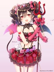 Rule 34 | 1girl, :d, arm tattoo, asymmetrical wings, bad id, bad pixiv id, bare shoulders, black hair, blush, bow, breasts, cleavage, cowboy shot, demon girl, demon horns, demon tail, demon wings, earrings, elbow gloves, floral print, flower, garter straps, glint, gloves, hair bow, hair ornament, hairclip, heart, holding, horns, jewelry, layered clothes, layered skirt, looking at viewer, love live!, love live! school idol project, navel, open mouth, pink background, pink bow, pink gloves, pixiv id, polearm, polka dot, polka dot bow, print skirt, purple flower, purple rose, red eyes, red skirt, rose, rose print, shiny skin, short hair, short twintails, simple background, skirt, small breasts, smile, solo, sparkle, standing, stomach, striped clothes, striped gloves, suspender skirt, suspenders, tail, tareme, tattoo, trianon, trident, twintails, twitter username, vertical-striped clothes, vertical-striped gloves, watermark, wavy mouth, weapon, web address, wings, yazawa nico
