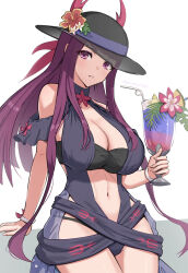 Rule 34 | 1girl, alternate costume, black hat, breasts, cleavage, cup, drinking glass, drinking straw, female focus, fire emblem, fire emblem engage, flower, gonzarez, hat, hat flower, highres, holding, holding cup, ivy (fire emblem), large breasts, long hair, looking at viewer, matching hair/eyes, mole, mole under mouth, navel, nintendo, official alternate costume, parted lips, purple eyes, purple hair, see-through, see-through headwear, simple background, solo, stomach, swimsuit, tropical drink, twitter username, watermark, white background