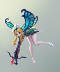 Rule 34 | 1girl, absurdres, bare legs, blonde hair, bow (weapon), braid, closed mouth, commentary request, crossbow, dress, dusttodusk, fairy, fairy wings, flower, flying, full body, green dress, grey background, hair flower, hair ornament, highres, long hair, long sleeves, looking at viewer, mercedes (odin sphere), odin sphere, parted bangs, parted lips, pointy ears, puffy long sleeves, puffy sleeves, purple eyes, shoes, simple background, solo, twin braids, weapon, white footwear, wings