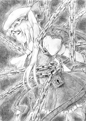 Rule 34 | 1girl, arms behind back, ascot, chain, chained, chain, closed eyes, female focus, flandre scarlet, graphite (medium), greyscale, hat, lock, mob cap, monochrome, monochrome, open mouth, profile, short hair, short sleeves, side ponytail, skirt, solo, touhou, traditional media, vent arbre, vest, wings