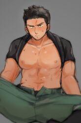 Rule 34 | 1boy, abs, ao isami, bara, black hair, clothes lift, dmp221190800, facial hair, large pectorals, light frown, looking at viewer, male focus, male underwear, male underwear peek, muscular, muscular male, navel, nipples, open fly, pectorals, shirt behind neck, shirt lift, sideburns stubble, sitting, solo, spread legs, stomach, stubble, thick eyebrows, tsurime, underwear, unfinished, yuuki bakuhatsu bang bravern