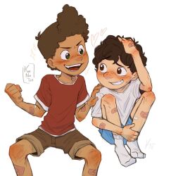 Rule 34 | 2boys, alberto scorfano, bandages, brown hair, child, clenched hand, commentary, dark-skinned male, dark skin, denim, denim shorts, english commentary, green eyes, hand in own hair, hand on another&#039;s shoulder, implied yaoi, koinotea, looking at another, luca (pixar), luca paguro, male focus, multiple boys, shirt, short sleeves, shorts, socks, teeth, white shirt, white socks