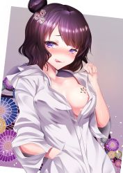 Rule 34 | 1girl, alternate hairstyle, areola slip, bad id, bad pixiv id, blush, breasts, brown background, collarbone, commentary request, contemporary, fate/grand order, fate (series), hair bun, hair ornament, hand in pocket, highres, hood, hoodie, katsushika hokusai (fate), katsushika hokusai (traveling outfit) (fate), looking at viewer, medium breasts, no bra, official alternate costume, open clothes, open mouth, purple eyes, purple hair, silly (marinkomoe), single hair bun, solo, tongue, tongue out, upper body, white background