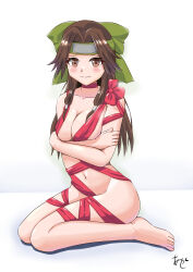Rule 34 | 1girl, akashieru, barefoot, breasts, brown eyes, brown hair, cleavage, forehead protector, green headband, hair intakes, half updo, headband, highres, jintsuu (kancolle), kantai collection, legs, long hair, medium breasts, naked ribbon, red ribbon, ribbon, simple background, sitting, solo, toes, wariza, white background
