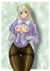 Rule 34 | 1girl, breasts, capcom, capcom fighting jam, clothes lift, gloves, hairpods, ingrid (capcom), lifted by self, long hair, no panties, open clothes, open shirt, panties, panties under pantyhose, pantyhose, red eyes, shirt, skirt, skirt lift, solo, thigh gap, thighband pantyhose, underwear, white hair