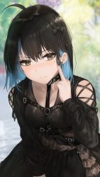 Rule 34 | 1girl, absurdres, ahoge, black bow, black dress, black hair, black nails, blue hair, blush, bow, brown eyes, commentary, cross, cross earrings, dress, earrings, hair between eyes, hair bow, hand up, highres, irene (kanniiepan), jewelry, kanniiepan, long sleeves, looking at viewer, middle finger, mole, mole under eye, multicolored hair, nail polish, original, solo