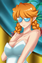 Rule 34 | 10s, 1girl, bad id, bad pixiv id, bare shoulders, braid, breasts, cleavage, coke-bottle glasses, dress, freckles, freckles (space dandy), glasses, highres, large breasts, light smile, long hair, m (masa11051105), orange hair, plant, pointy ears, smile, solo, space dandy, strapless, strapless dress, twin braids, white dress