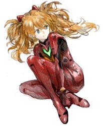 Rule 34 | 1girl, ass, blue eyes, bodysuit, breasts, brown hair, fetal position, full body, hair ornament, hakusaku, interface headset, legs up, messy hair, neon genesis evangelion, pilot suit, plugsuit, red bodysuit, shiny clothes, simple background, small breasts, souryuu asuka langley, twintails, two side up, white background