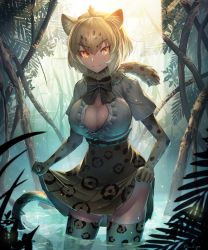 Rule 34 | &gt;:), 10s, 1girl, animal ears, backlighting, blonde hair, blurry, blush, breasts, cleavage, cleavage cutout, clothing cutout, cowboy shot, day, depth of field, elbow gloves, fur collar, gloves, highres, jaguar (kemono friends), jaguar ears, jaguar print, jaguar tail, kemono friends, large breasts, lens flare, light rays, lips, looking at viewer, multicolored hair, outdoors, partially submerged, ripples, shiny skin, shirt, short hair, short sleeves, skirt hold, smile, solo, standing, sunlight, tail, takamine nadare, unbuttoned, v-shaped eyebrows, wading, water, wetland, white shirt