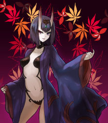 Rule 34 | 1girl, bad id, bad pixiv id, black hair, blush, breasts, covered erect nipples, fate/grand order, fate (series), horns, japanese clothes, kimono, leaf, looking at viewer, maple leaf, navel, oni, open clothes, open kimono, purple eyes, shuten douji (fate), shuten douji (first ascension) (fate), smile, solo, sud (sudea)