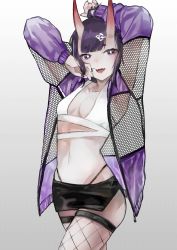 Rule 34 | 1girl, absurdres, arm over head, arms up, black skirt, blush, breasts, demon girl, fangs, fate/grand order, fate (series), fishnet thighhighs, fishnets, gradient background, grey background, hand on own face, hexagonal tilling, highres, hime cut, holding, holding own hair, horns, jacket, midriff, miniskirt, nail polish, oni, open mouth, pale skin, purple eyes, purple hair, purple jacket, short hair, shuten douji (fate), sidelocks, single horn, skin-covered horns, skirt, small breasts, solo, streetwear, thighhighs, ynion