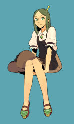 Rule 34 | 1girl, antennae, closed mouth, dress, expressionless, eyebrows, full body, green eyes, green hair, jewelry, long hair, matching hair/eyes, original, pendant, puffy short sleeves, puffy sleeves, ryo chimo, shoes, short sleeves, simple background, sitting, solo