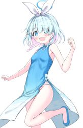 1girl :d absurdres arona_(blue_archive) bare_arms bare_legs bare_shoulders blue_archive blue_dress blue_eyes blue_footwear blue_hair blush breasts china_dress chinese_clothes colored_inner_hair dress emimeku hair_between_eyes hairband highres looking_at_viewer multicolored_hair open_mouth pelvic_curtain pink_hair shoes short_hair simple_background sleeveless sleeveless_dress small_breasts smile solo standing standing_on_one_leg thighs white_background white_hairband