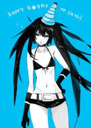 Rule 34 | 10s, 1girl, belt, bikini, bikini top only, black bikini, black hair, black rock shooter, black rock shooter (character), blue background, blush stickers, choker, female focus, flat chest, gloves, hand on own hip, hat, messy hair, monochrome, navel, pale skin, party hat, short shorts, shorts, solo, spot color, stitches, swimsuit, tribute (tributism), twintails