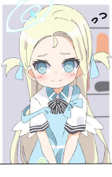 Rule 34 | 1girl, apron, blonde hair, blue apron, blue archive, blue eyes, blush, closed mouth, collared shirt, commentary request, flying sweatdrops, forehead, halo, highres, kapuru 0410, long hair, shirt, short sleeves, solo, sora (blue archive), strap slip, two side up, upper body, very long hair, white shirt